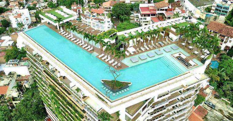 The building and its rooftop pool