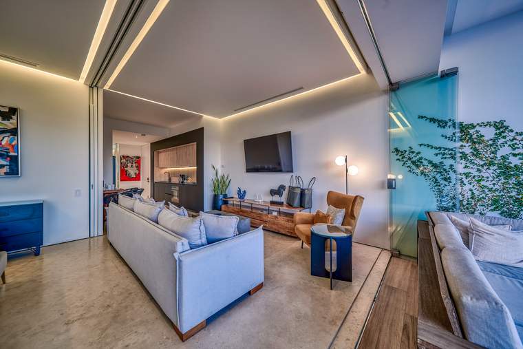 Living room with evening lighting