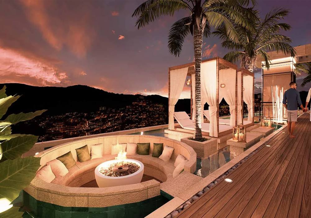 Fire-pit lounge and cabanas